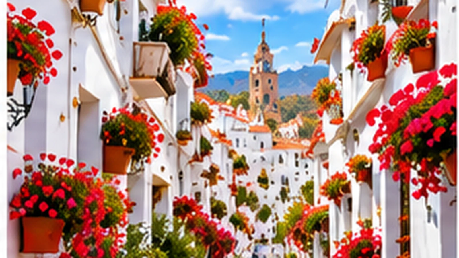 Whitewashed street in Mijas Pueblo filled with bright flowers.