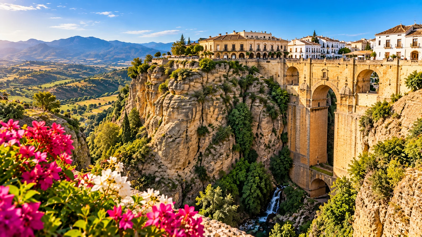 Ronda's Puente Nuevo and gorge seen in bright Andalusian light.