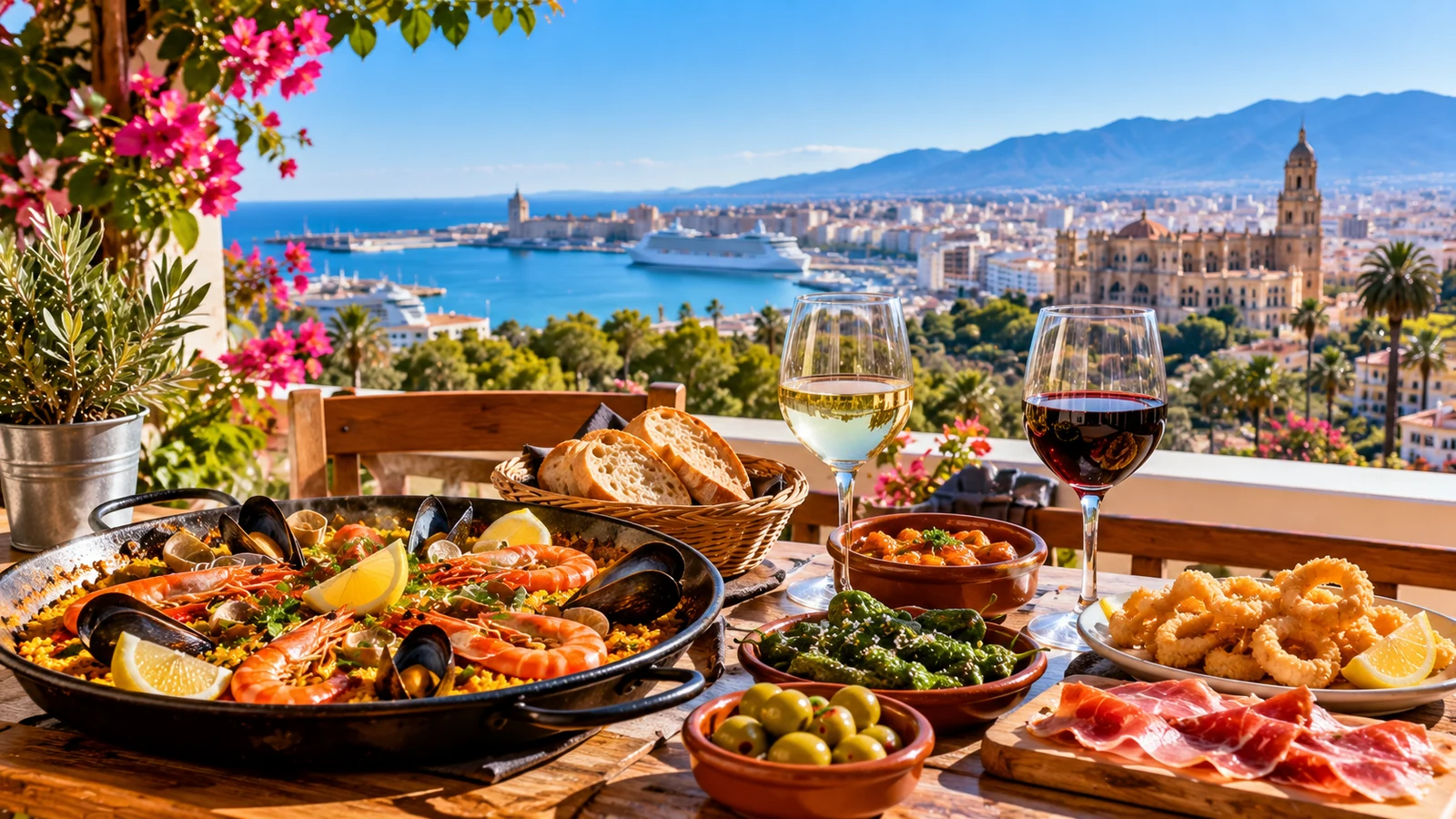 Mediterranean food and wine setting.