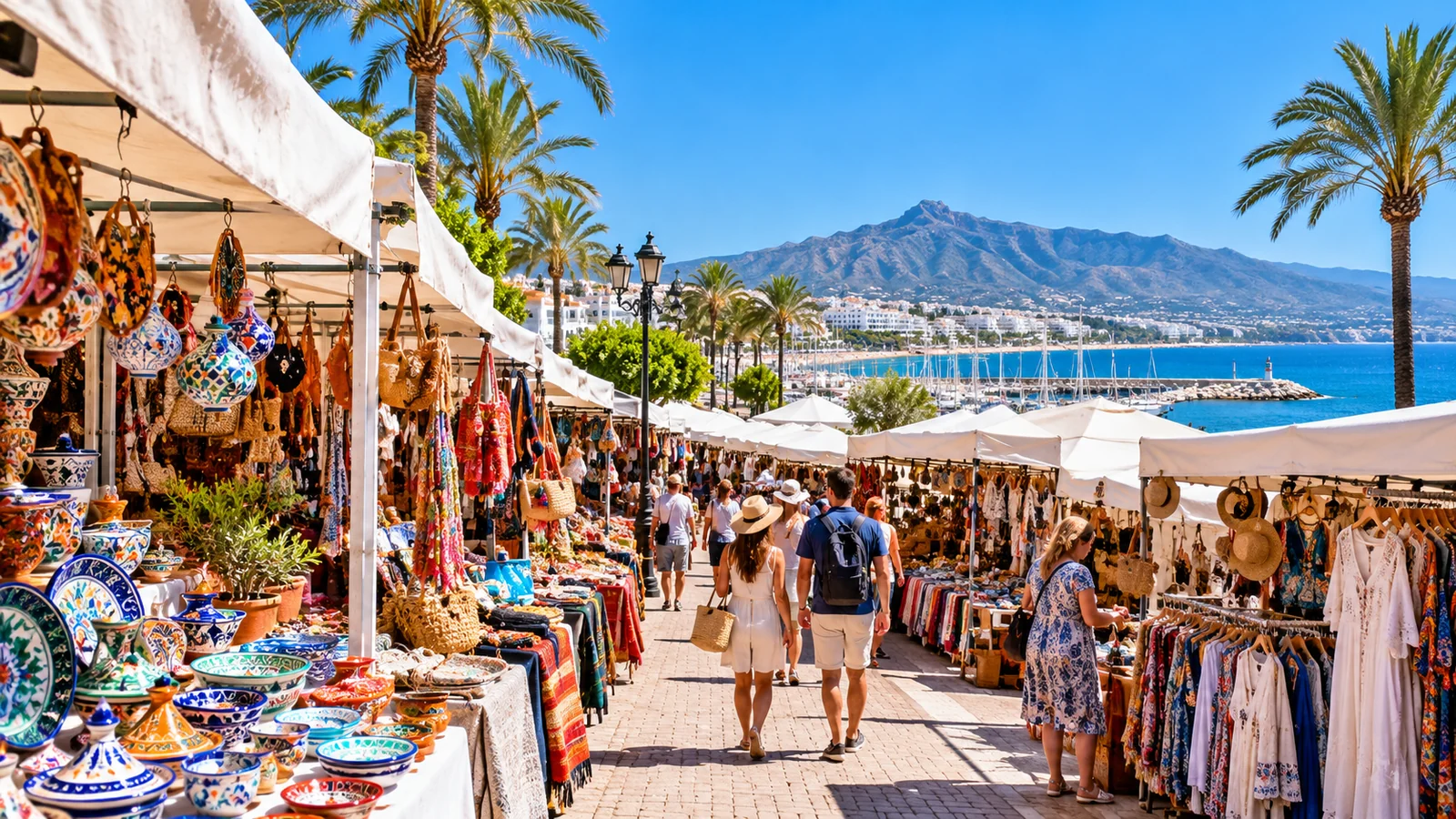Mediterranean shopping promenade with market stalls, ceramics, clothing, palms and marina views.