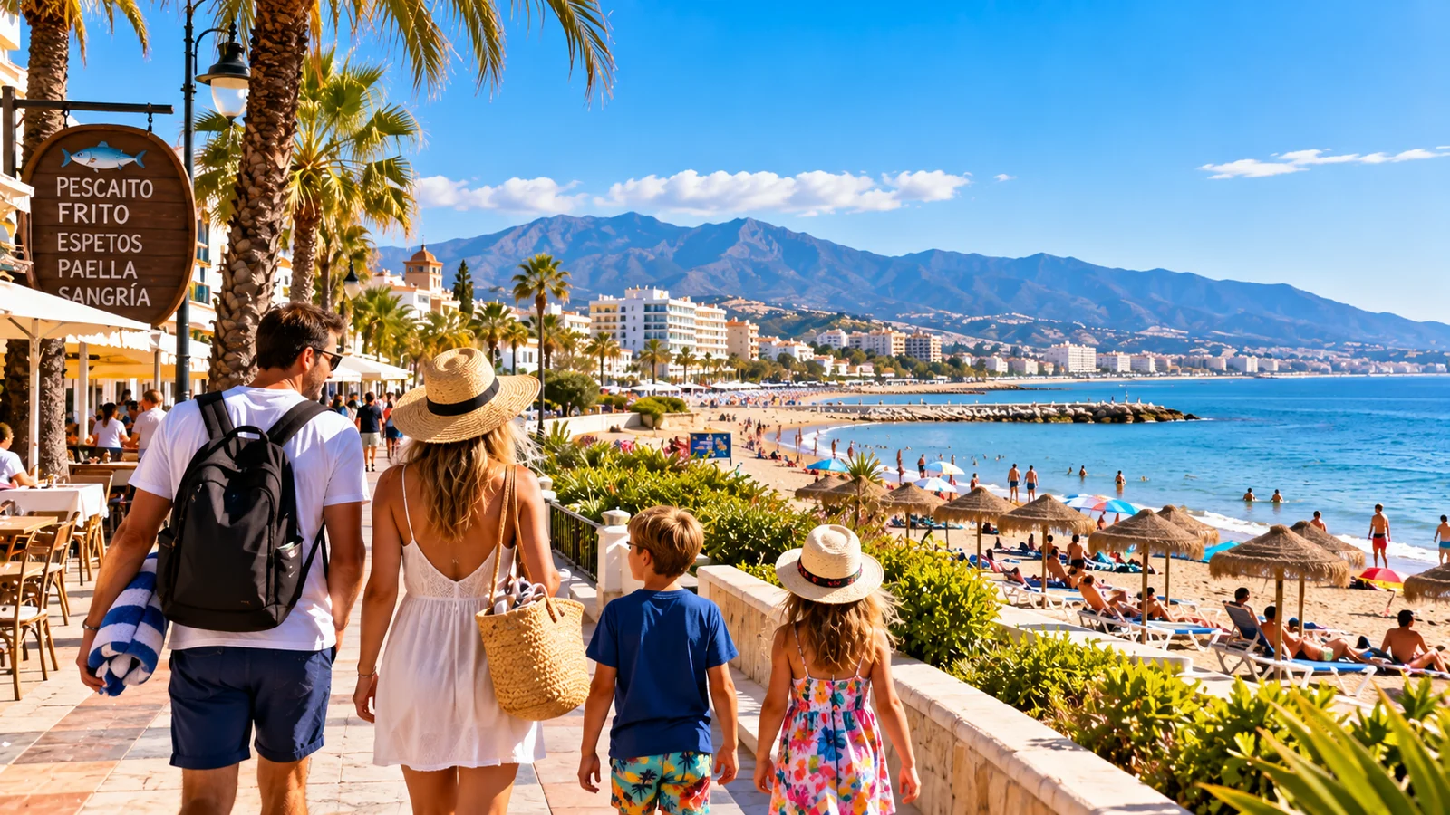 Walkable Costa del Sol seafront with beach, cafés and urban promenade.