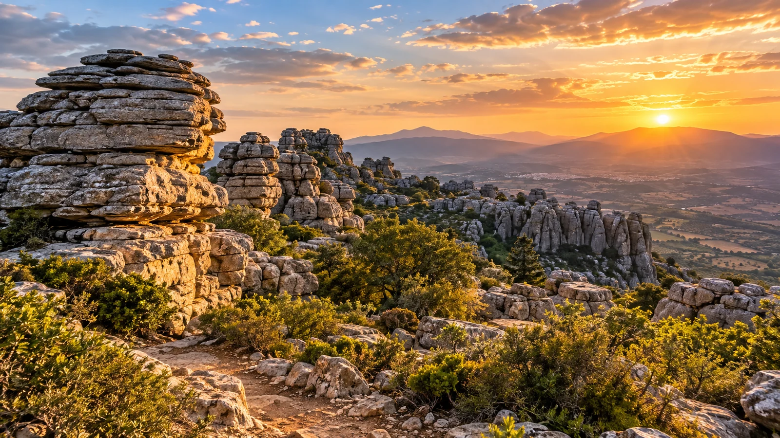 El Torcal limestone formations above the Antequera landscape at golden hour.