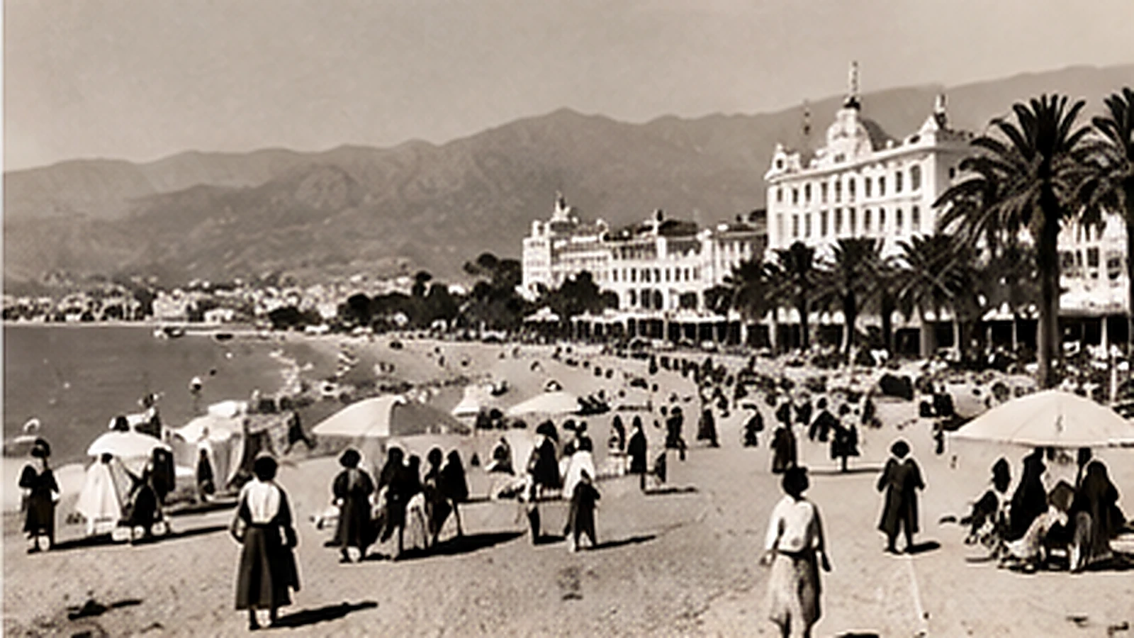 Historic Costa del Sol beachfront scene evoking the early decades of tourism development.