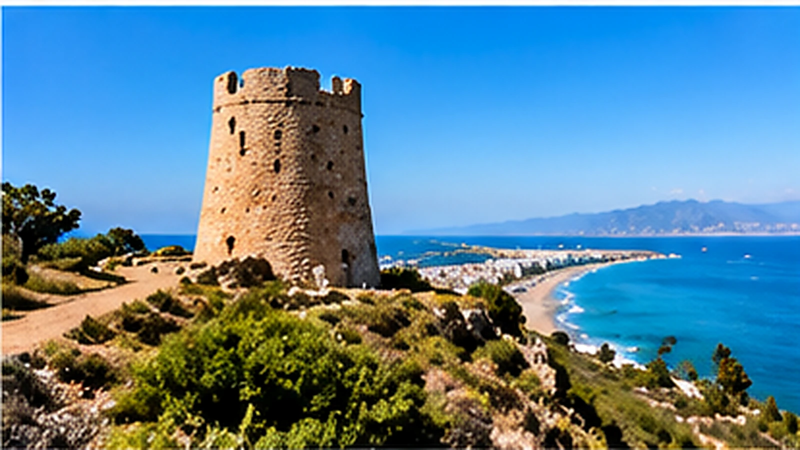 Historic coastal watchtower overlooking the Mediterranean coast of Málaga province.