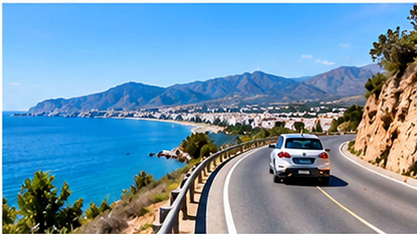 Car travelling along a scenic Costa del Sol coastal road above the Mediterranean.